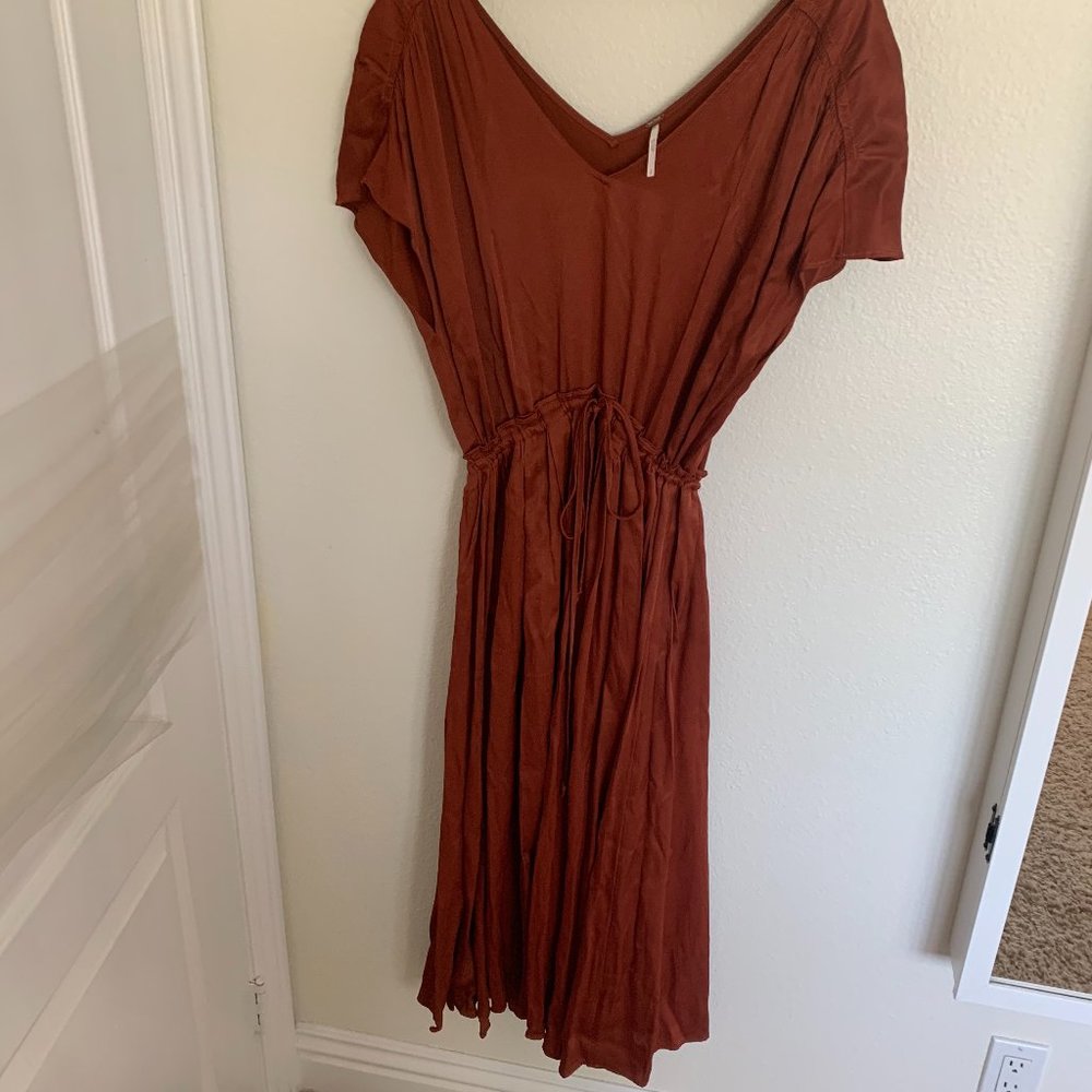 Free People Rust Midi Pleated Dress with Tie Waist